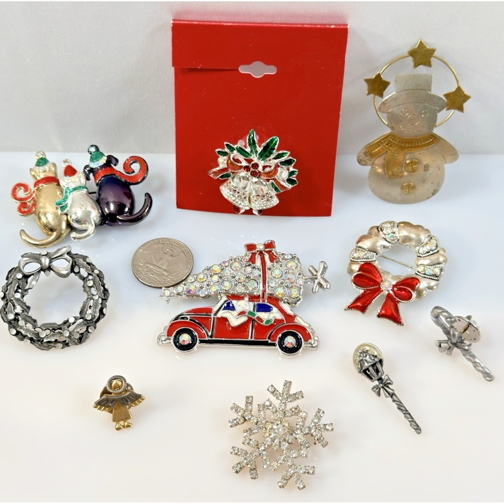 Vintage to Modern Christmas Brooch Pin Lot Cats Snowman Wreath Snowflake Holiday